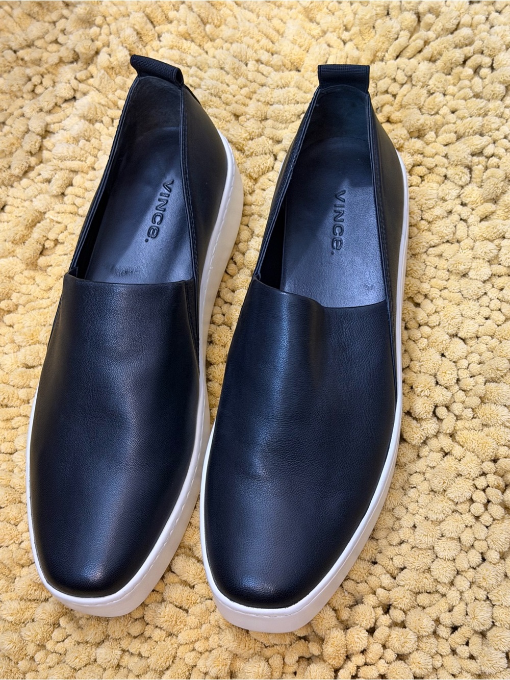 Vince Black Leather Slip-On Sneakers with White Sole
